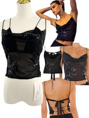 🆕 RAT & BOA 🧿 NWT Zanetti Enigma Tie-Back Cami + Bra, Black w Sequins - Sz XXS